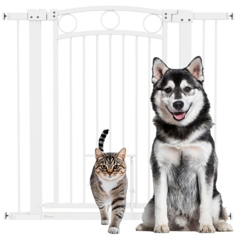 PawHut Dog Stair Gate 96cm Extra Tall Height, 76-104cm Adjustable Width Pressure Fit Safety Gate with Cat Door, 7cm and 14cm Extensions for Stairs, Doorways, Easy Installation, White