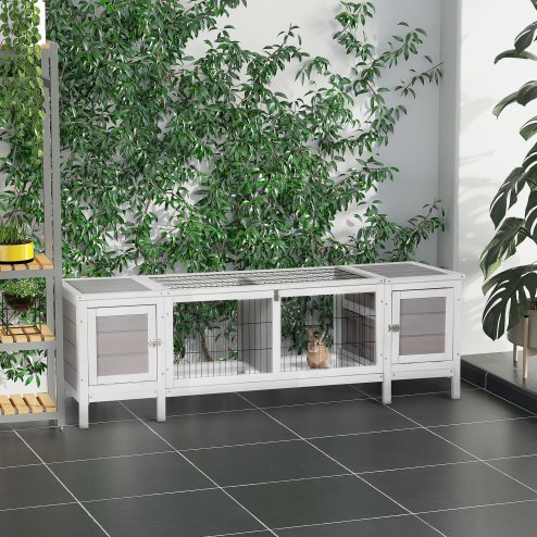 PawHut Wooden Rabbit Hutch Separable Guinea Pig Hutch Bunny Run Small Bunny House for Indoor Use w/ Slide Out Tray, 161 x 50.5 x 53.3cm - (Grey)