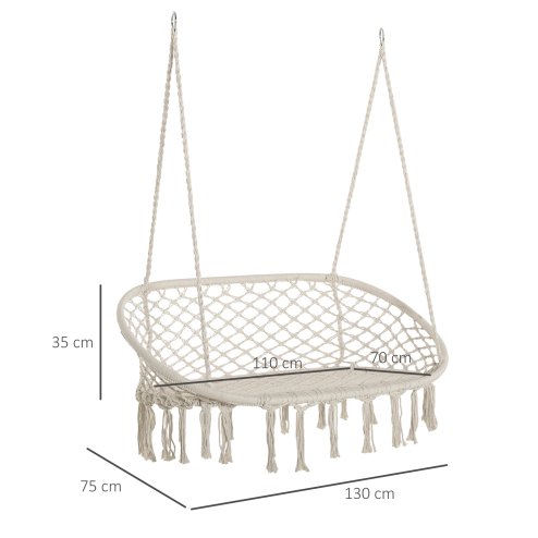 Outsunny 2-Seater Hanging Hammock Chair, Cotton-Polyester Blend Macrame Hanging Rope Chair with Metal Frame, for Patio, Garden, Balcony, Living Room, Cream White