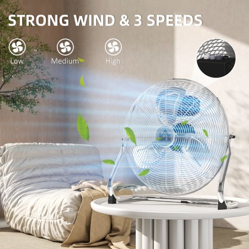 HOMCOM 14 Inches Chrome Metal Floor Fan, High Velocity 3-Speed Home Gym with Adjustable Head, Portable Desk & Table Fan Air Circulator for Home Office, Powerful Airflow, Quiet Operation