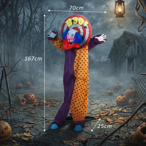 HOMCOM 167cm Life Size Animated Clown Halloween Decorations Outdoor Indoor, Scary Halloween Animatronics Decor with Sound Touch Activated, Red Light Up Eyes, Animated Prop for Haunted House Garden