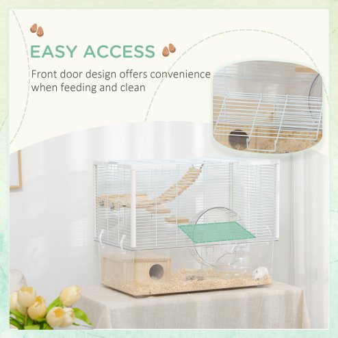 PawHut Hamster Cage, Gerbil Cage w/ Deep Bottom, Litter Area, Wooden Ramp, Platforms, Hut, Exercise Wheel, for Small Rodents, 59 x 35.5 x 47cm