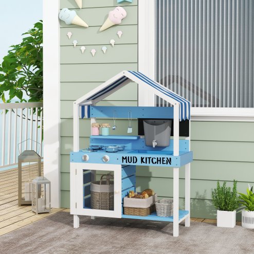 AIYAPLAY Kids Mud Kitchen, Outdoor Play Kitchen with Stoves, Sink, Faucet, Storage Shelves, Cookware Accessories, Pretend Wooden Kitchen Playset for Boys Girls, Blue