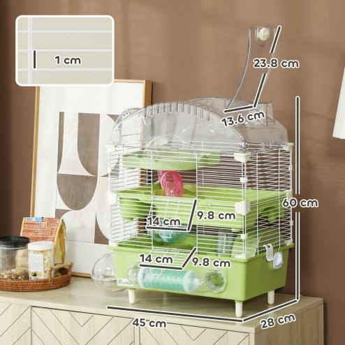 PawHut 3-Tier Hamster Cage, Hamster Habitat with Transparent Top, Sand Bathroom, Exercise Wheel, Hideout Room, Tubes, Small Animal Cage for Dwarf Hamster, 45 x 28 x 60 cm, Green