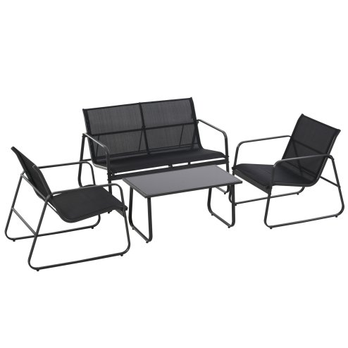 Outsunny 4 Piece Garden Furniture Set Outdoor Patio Sofa Set with Double Chair, Single Chairs and Glass Top Table for Terrace and Balcony