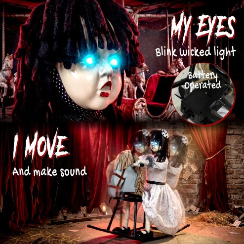 HOMCOM 72cm Animated Halloween Rocking Horse Girl Animatronic, Moving Haunted Doll with Colourful Glowing Eyes, Creepy Rhymes, Sound/Touch Activated, Holiday Prop for Indoor and Covered Outdoor