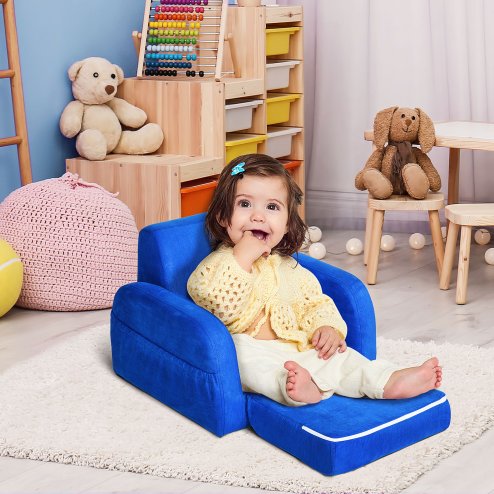 HOMCOM Children's Armchairs Kids Toddler Sofa Chair 2 In 1 Sofa Bed Folding Couch Soft Flannel Sponge Playroom Bedroom Living Room Blue
