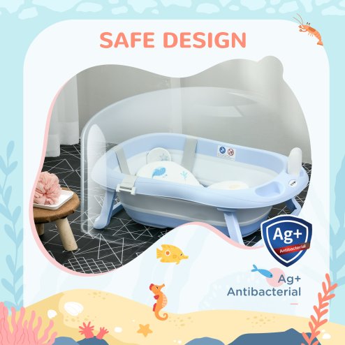 ZONEKIZ Foldable Baby Bath Tub Set, Collapsible Bathtub Antibacterial with Non-Slip Support, Cushion Pad, Shower Head Holder, for Newborn to Toddler Ages 0-6 Years - Blue