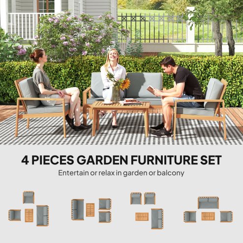 Outsunny 4 Pieces Garden Furniture Set with Cushions, Wooden Garden Sofa Set with 1 Loveseat, 2 Armchairs and 1 Coffee Table, Outdoor Table and Chairs for Conservatory, Balcony, Patio, Teak