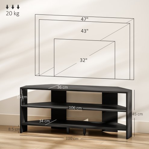 HOMCOM Corner TV Stand for 47 Inch Television, Modern TV Unit with 2 Open Shelves for Living Room, Bedroom, Black