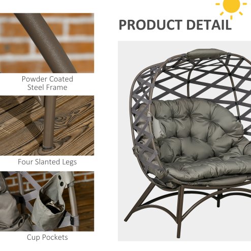 Outsunny Egg Chair Outdoor, 2 Seater Folding Weave Garden Furniture Chair with Cushion, Cup Pockets for Patio Balcony - Sand Brown