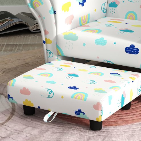AIYAPLAY Kids Armchair with Stool, 2 Piece Kids Sofa Set with Cloud Design, Wooden Frame, Upholstered Kids Chair for Bedroom, Playroom, Kid Room, for 1.5-3 Years Old, White