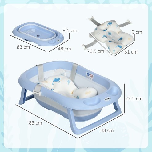 ZONEKIZ Foldable Baby Bath Tub Set, Collapsible Bathtub Antibacterial with Non-Slip Support, Cushion Pad, Shower Head Holder, for Newborn to Toddler Ages 0-6 Years - Blue