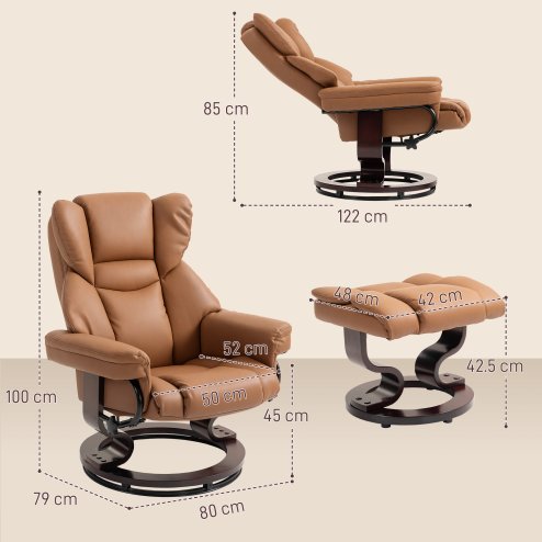 HOMCOM 360° Swivel Recliner Chair with Footstool, PU Leather Manual Recliner Armchair with Footstool, Solid Wood Base, Upholstered Reclining Chair for Living Room, Bedroom, Office, Brown