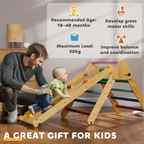 AIYAPLAY Toddler Climbing Frame, 3 in 1 Pikler Triangle Set with Ramp, Wooden Climbing Frame Indoor Baby Gym, for 18-48 Months, Multicoloured