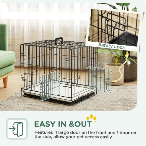 PawHut Dog Crate, Folding Metal Dog Cage with Two Doors, Tray, Soft Cushion, for Extra Small Dogs, 60 x 40 x 50 cm, Black