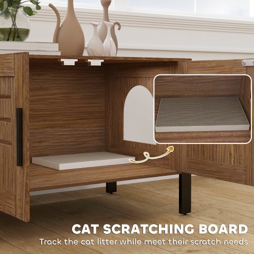 PawHut Cat Litter Box Enclosure, Hidden Litter Box Furniture Washroom with Tall Legs, Scratching Board, Double Doors, Ventilation Holes, Indoor Cat House Side End Table, 80 x 45 x 50 cm, Dark Brown