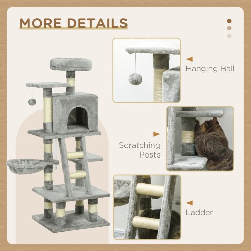 PawHut 132cm Cat Tree for Large Cats, Cat Activity Centre with Scratching Posts, Hammock, Cat House, Bed, Perches, Ladder, for Indoor Use - Grey