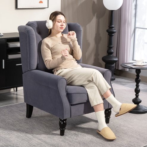 HOMCOM Retro Accent Chair, Velvet Wingback Armchair with Wood Frame Button Tufted Design for Living Room Bedroom, Charcoal Grey