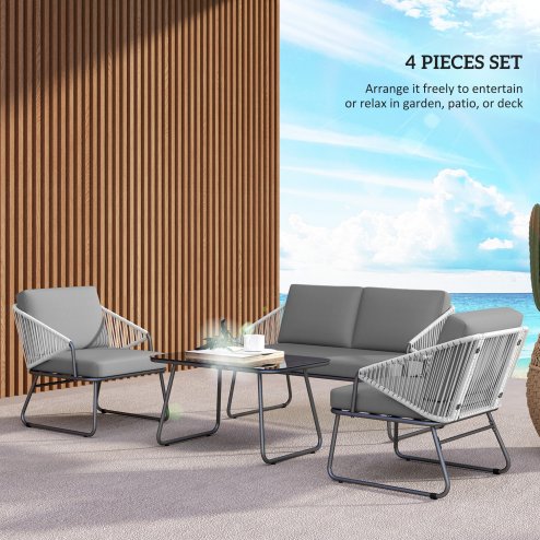 Outsunny 4 Piece Rattan Garden Furniture Set, Wicker Patio Outdoor Furniture Set with Loveseat, Armchairs, Glass Top Coffee Table and Cushions for Patio, Conservatory, Balcony, Grey