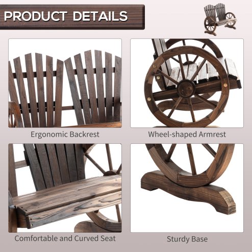 Outsunny 2 Seater Garden Bench, Comfortable Fir Wood Love Chair with Wagon Wheel-Shaped Armrests, Outdoor Adirondack Wooden Loveseats, Carbonized Colour