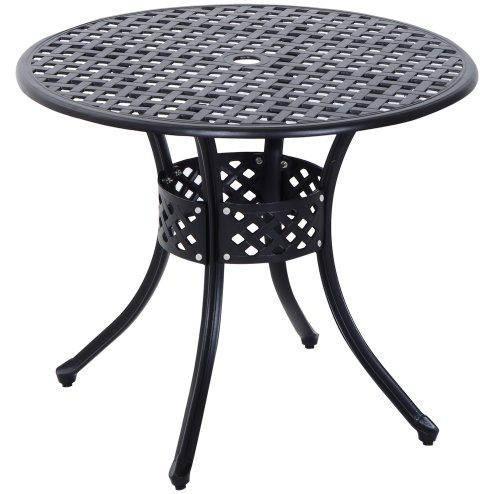 Outsunny 85cm Round Garden Dining Table with 46.5mm Dia. Umbrella Hole, Cast Aluminium Outdoor Dining Table, Grid Motif Outdoor Table for Garden, Patio, Porch, Black