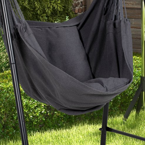 Outsunny Patio Hammock Chair with Stand, Outdoor Hammock Swing Hanging Rope Chair with Cushion, Armrest, Hooks, Dark Grey
