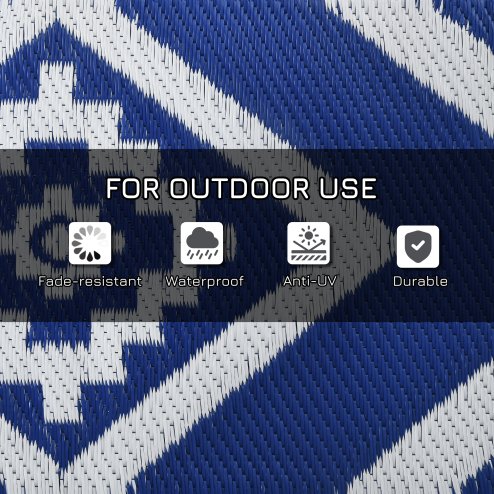 Outsunny Reversible Outdoor Rug with Carry Bag, Waterproof Plastic Straw Mat for Garden, Deck, RV, Picnic, Beach, Camping, 182 x 274cm, Blue and White