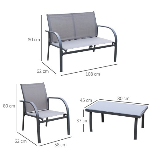 Outsunny 4 Pcs Curved Steel Outdoor Furniture Set w/ Loveseat, 2 Texteline Seats, Glass Top Table Garden Balcony Patio Furniture For Family Party Events Guests -Grey