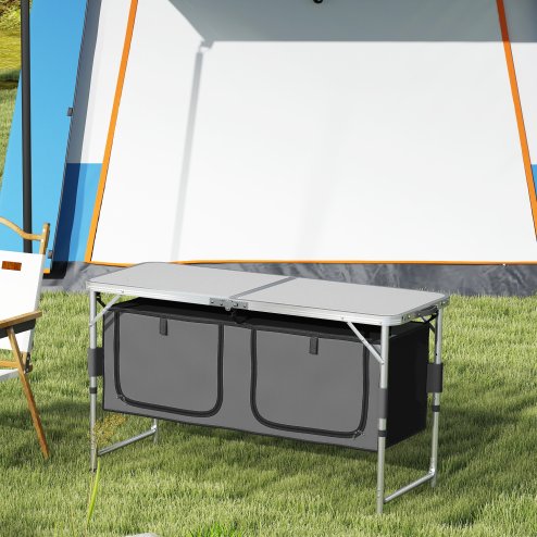 Outsunny 4ft Folding Camping Cupboard Kitchen, Height Adjustable Aluminium Camping Table with Storage, Lightweight Picnic Table for Outdoor Garden BBQ Party