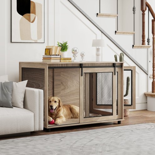 PawHut Dog Crate Furniture, Dog Cage End Table with Sliding Door, Pet Kennel for Extra Large Breeds, 118 x 75.5 x 82cm, Walnut Brown