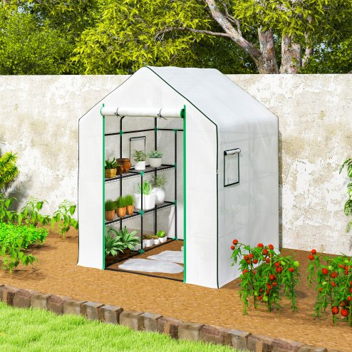 Outsunny Walk-in Greenhouse with 3 Tier 8 Shelves, Small Greenhouse with Reinforced PE Cover, Garden Plant Growhouse with Roll-up Door and Three Mesh Windows, 140 x 143 x 190 cm, White