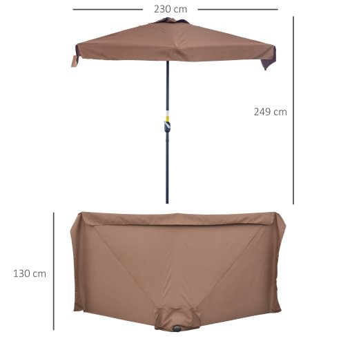 Outsunny 2.3m Half Parasol Semi Round Umbrella Patio Metal Frame Crank Handle for Balcony- NO BASE INCLUDED, Brown