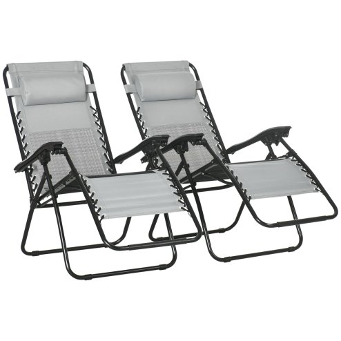 Outsunny Garden Recliner Chairs Set of 2, Outdoor Foldable Zero Gravity Chairs Set w/ Footstool and Detachable Headrest, Grey