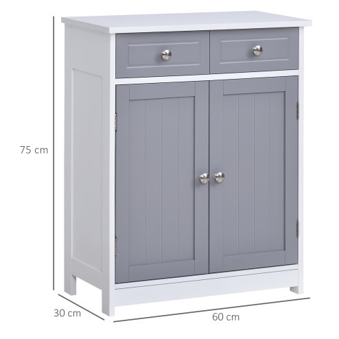 kleankin 75x60cm Freestanding Bathroom Storage Cabinet Unit w/ 2 Drawers Cupboard Adjustable Shelf Metal Handles Traditional Style 