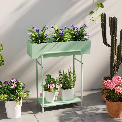 Outsunny 2 Tier Plant Stand, Metal Plant Rack Shelf with Drain Holes, Floor-standing Flower Pot Stand for Indoor Outdoor Garden Patio Balcony Living Room, Green