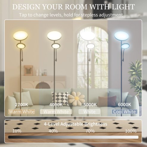 HOMCOM LED Floor Lamp for Living Room, Stepless Dimmable Standing Lamp, Mother and Child Uplighter with Reading Light, 4 Scene Modes, 2700K-6500K Colour Temps, 4 Brightness Levels, Remote Control