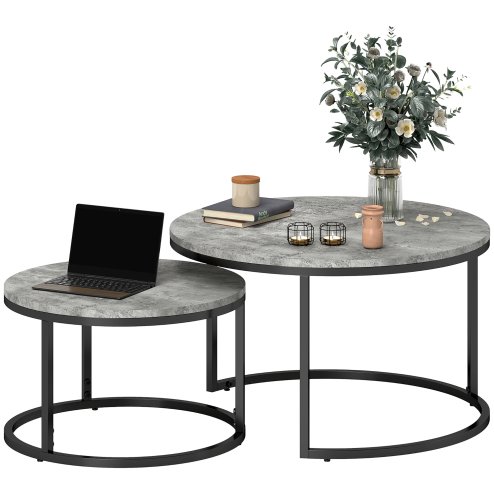 HOMCOM Round Nesting Coffee Table Set of 2, Large Stacking End Side Table with Steel Frame for Living Room, Bedroom, Home Office, 78.5 x 78.5 x 46.5 cm, Cement Grey