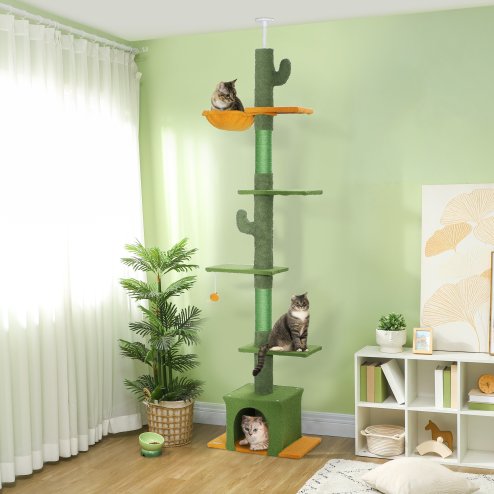 PawHut Floor-to-Ceiling Cat Tree, 230-275cm Height Adjustable Cat Tower, 6-Level Activity Centre for Indoor Cats with Scratching Posts, Cat House, Hammock, Toy Ball, Green
