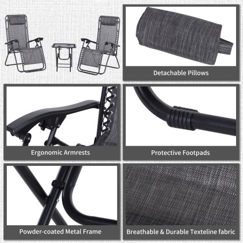 Outsunny Folding Zero Gravity Chairs, 3 Pieces Adjustable Sun Lounger and Table Set with Cup Holder and Headrest, Patio Bistro Set with Reclining Garden Chairs for Outdoor, Light Grey