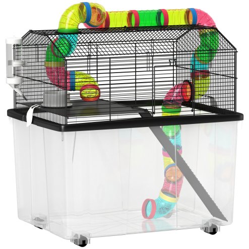 PawHut Hamster Cage, 2 Tier Gerbil Cage with 31cm Deep Tray, Tube System, Water Bottle, Ramp, Feeding Bowl, 58 x 43 x 57cm, Multicoloured
