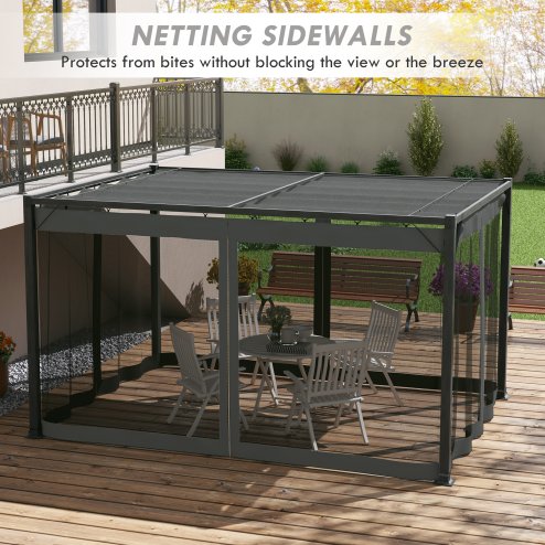 Outsunny 3 x 4 m Pergola with Retractable Roof Canopy and Netting Sidewalls, Aluminium Frame Garden Gazebo Outdoor Sun Shade Shelter for Grill, Patio, Deck, Dark Grey