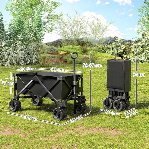 Outsunny 140L Festival Trolley on Wheels, Folding Camping Trolley Cart with Telescopic Handle, Big Wheels for Outdoor Garden Beach Fishing, Black
