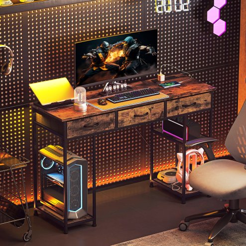 HOMCOM Computer Desk with Power Outlets, 120cm Home Office Desk with 3 Fabric Drawers and 4 Storage Shelves, Study Table Workstation for Bedroom