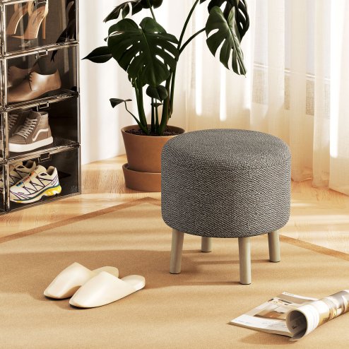HOMCOM Round Storage Stool, Linen Fabric Upholstered Foot Stool with Removable Top, Padded Seat, Hidden Space and Wooden Legs for Living Room