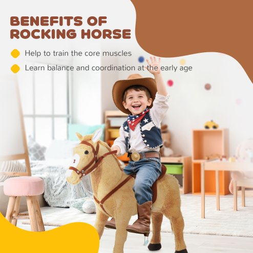 HOMCOM Kids Ride On Standing Horse Cuddly Toy Children Plush Soft Pony Gift w/ Neigh Sound or 3 Years and Up Beige