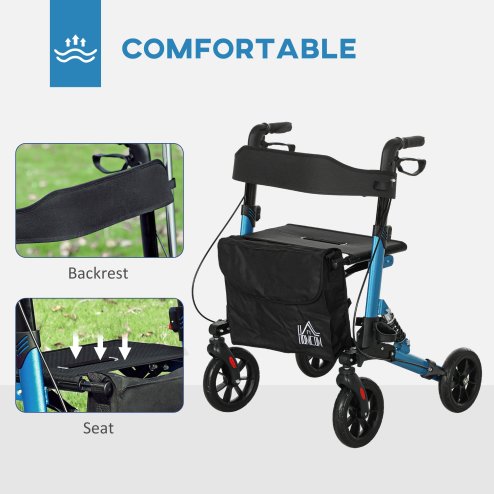 HOMCOM Folding Rollator Walker with Seat, Backrest, Lightweight Walking Frame with Storage Bag, Dual Brakes, Adjustable Handle Height, Suspension System, 4 Wheeled Walker for Seniors