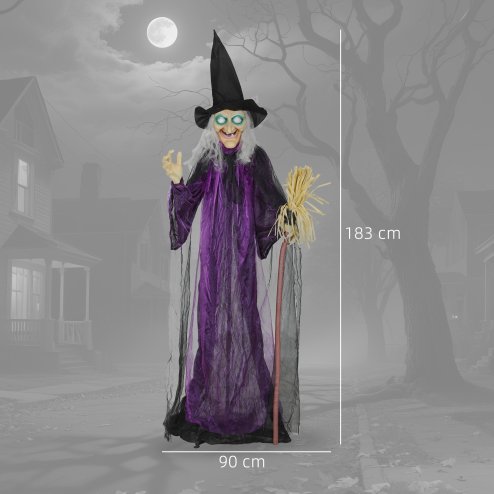 Outsunny 183 cm Life Size Halloween Animated Standing Witch & Broomstick with Glowing LED Eyes, Spooky Witch Scary Halloween Decorations, Battery Operated, Indoor Party Props