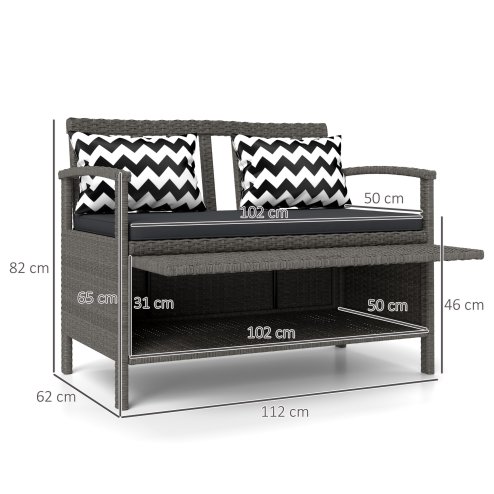 Outsunny 2 Seater Garden Storage Bench with 160L Capacity, PE Rattan Garden Bench with Storage, Wicker Outdoor Bench Loveseat with Cushion, Pillows and Steel Frame for Patio, Grey