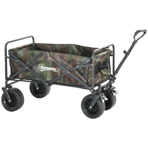 Outsunny 100KG Festival Trolley on Wheels, Folding Camping Trolley Cart with Telescopic Handle, Carry Bag and All-Terrain Big Wheels, for Garden Beach Fishing, Camouflage